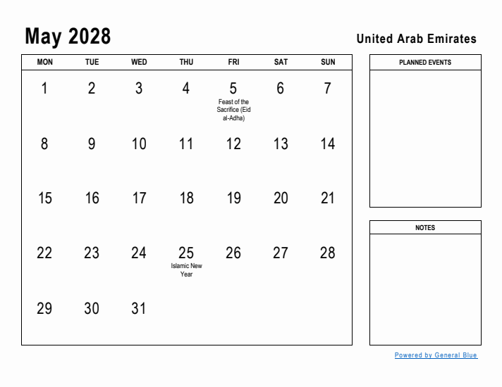 May 2028 Printable Monthly Calendar with United Arab Emirates Holidays