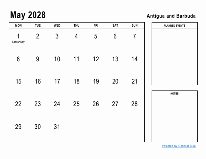 May 2028 Printable Monthly Calendar with Antigua and Barbuda Holidays