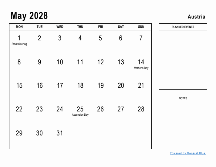 May 2028 Printable Monthly Calendar with Austria Holidays