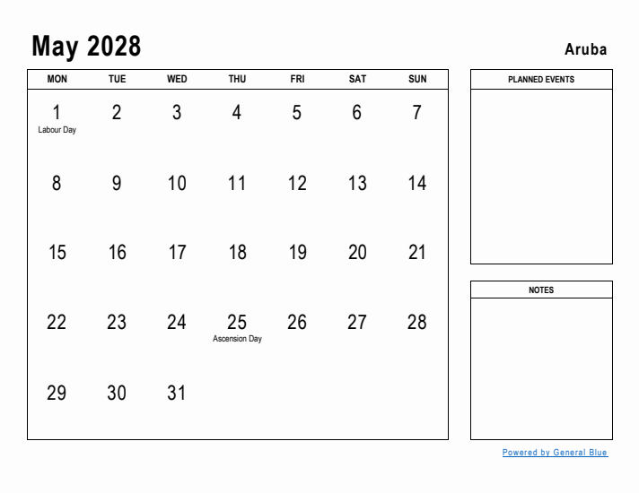 May 2028 Printable Monthly Calendar with Aruba Holidays