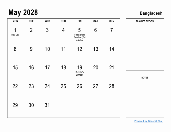 May 2028 Printable Monthly Calendar with Bangladesh Holidays