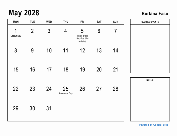 May 2028 Printable Monthly Calendar with Burkina Faso Holidays