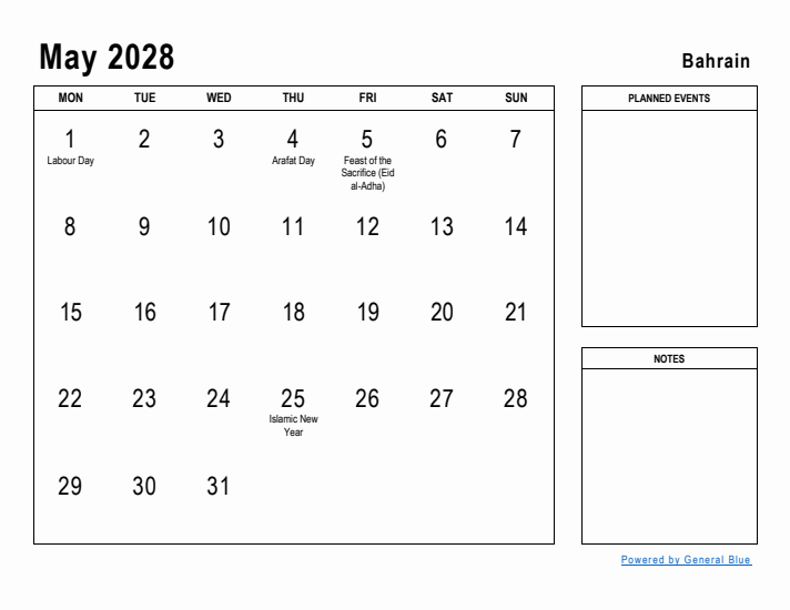 May 2028 Printable Monthly Calendar with Bahrain Holidays