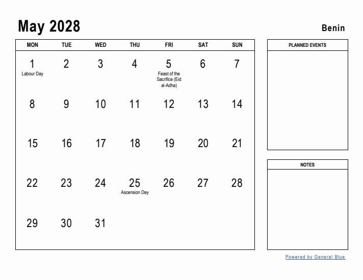 May 2028 Printable Monthly Calendar with Benin Holidays