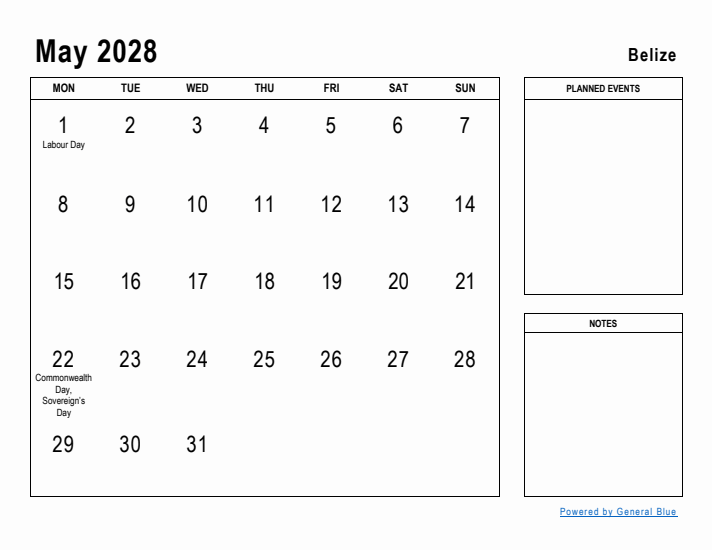 May 2028 Printable Monthly Calendar with Belize Holidays