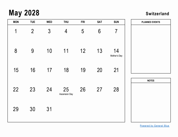 May 2028 Printable Monthly Calendar with Switzerland Holidays