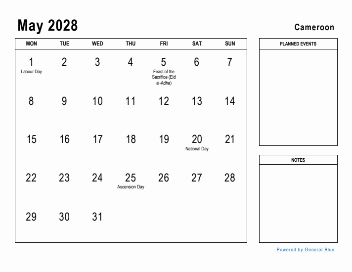 May 2028 Printable Monthly Calendar with Cameroon Holidays