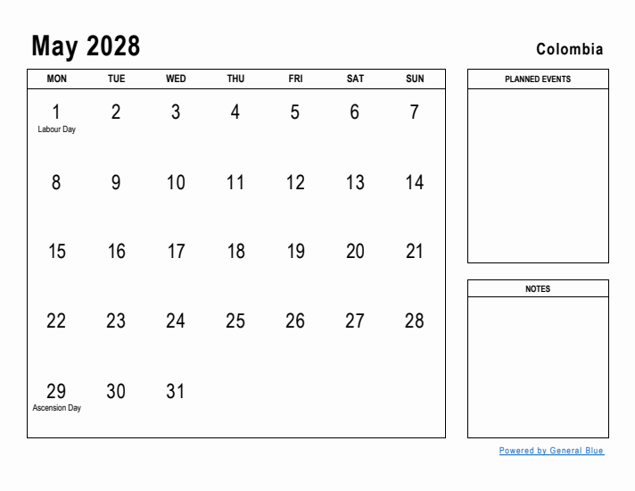 May 2028 Printable Monthly Calendar with Colombia Holidays