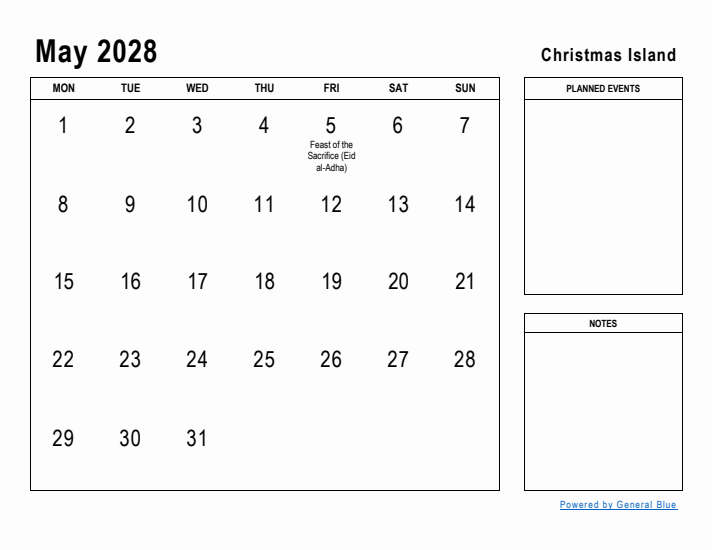 May 2028 Printable Monthly Calendar with Christmas Island Holidays