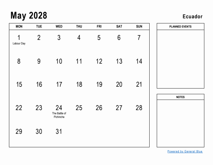 May 2028 Printable Monthly Calendar with Ecuador Holidays