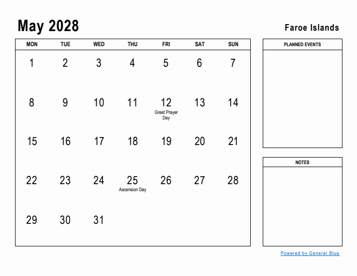 May 2028 Printable Monthly Calendar with Faroe Islands Holidays