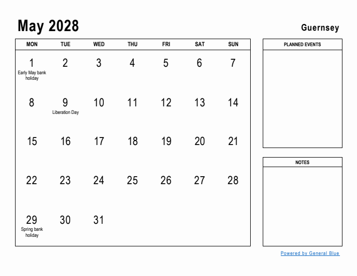 May 2028 Printable Monthly Calendar with Guernsey Holidays