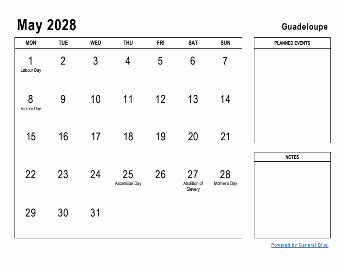 May 2028 Printable Monthly Calendar with Guadeloupe Holidays