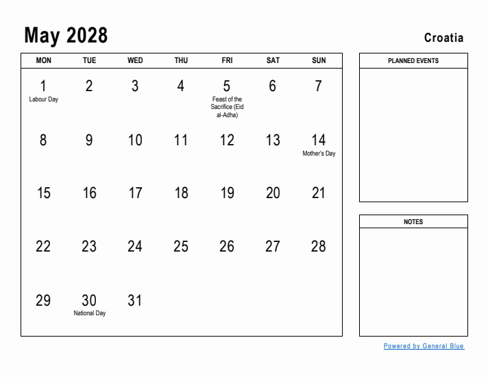 May 2028 Printable Monthly Calendar with Croatia Holidays