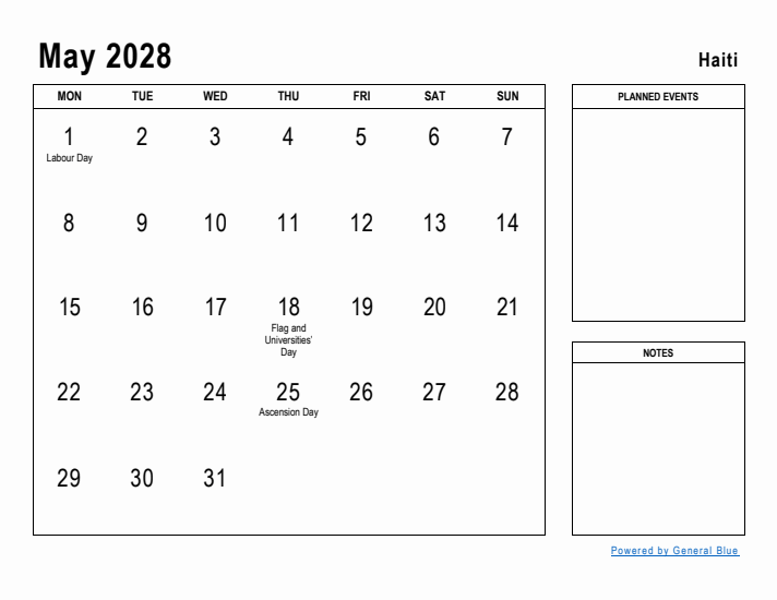 May 2028 Printable Monthly Calendar with Haiti Holidays