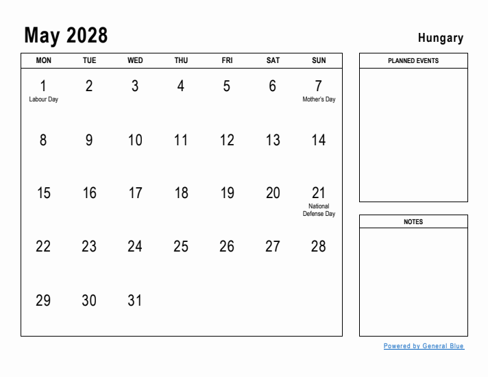 May 2028 Printable Monthly Calendar with Hungary Holidays