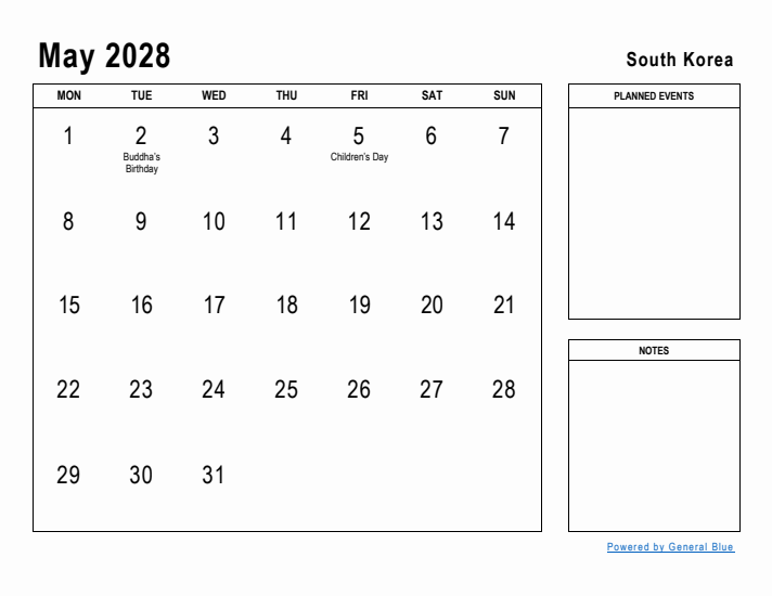 May 2028 Printable Monthly Calendar with South Korea Holidays