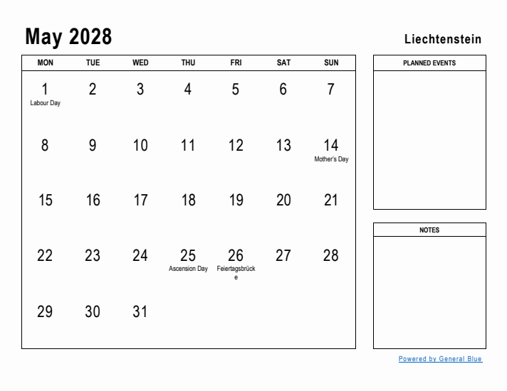 May 2028 Printable Monthly Calendar with Liechtenstein Holidays