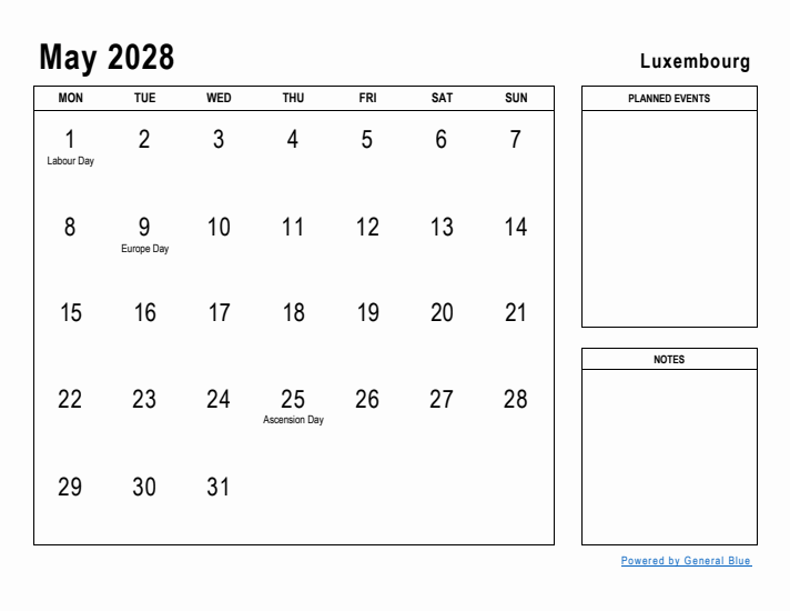 May 2028 Printable Monthly Calendar with Luxembourg Holidays