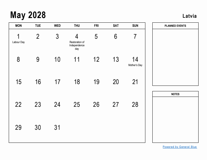 May 2028 Printable Monthly Calendar with Latvia Holidays