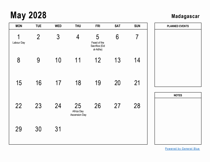 May 2028 Printable Monthly Calendar with Madagascar Holidays