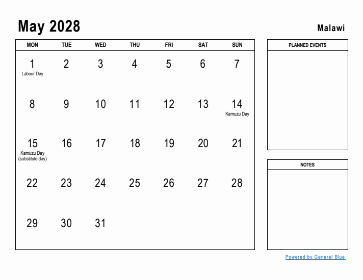 May 2028 Printable Monthly Calendar with Malawi Holidays