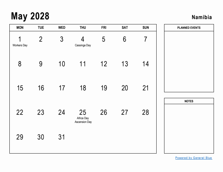 May 2028 Printable Monthly Calendar with Namibia Holidays