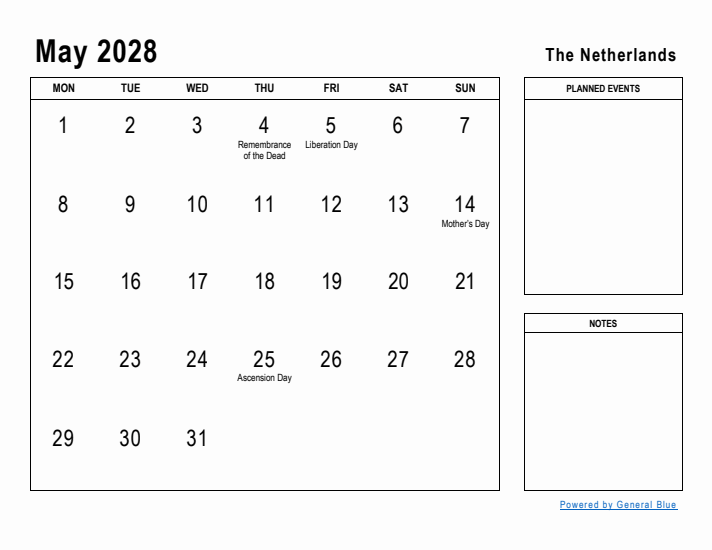 May 2028 Printable Monthly Calendar with The Netherlands Holidays