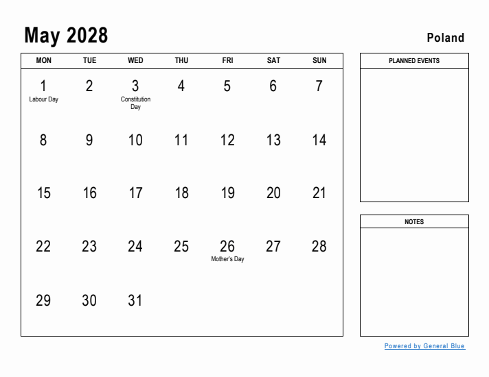 May 2028 Printable Monthly Calendar with Poland Holidays