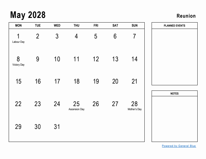 May 2028 Printable Monthly Calendar with Reunion Holidays