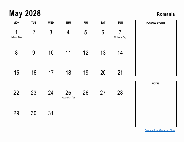 May 2028 Printable Monthly Calendar with Romania Holidays