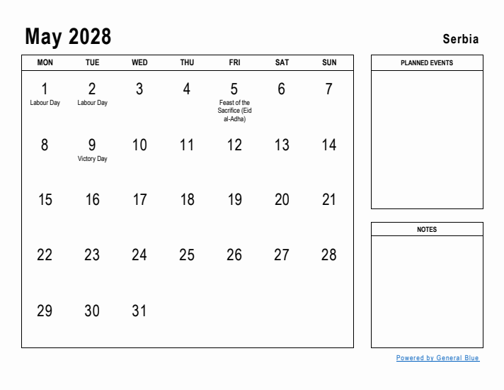 May 2028 Printable Monthly Calendar with Serbia Holidays