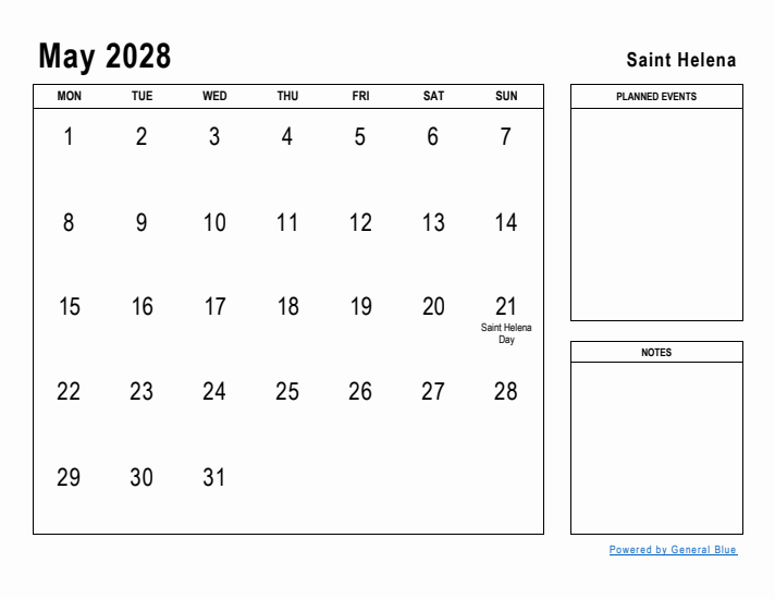 May 2028 Printable Monthly Calendar with Saint Helena Holidays