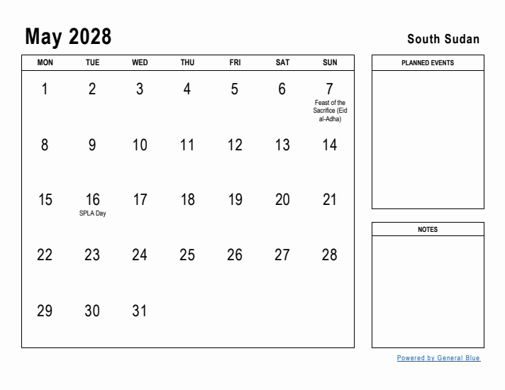 May 2028 Printable Monthly Calendar with South Sudan Holidays