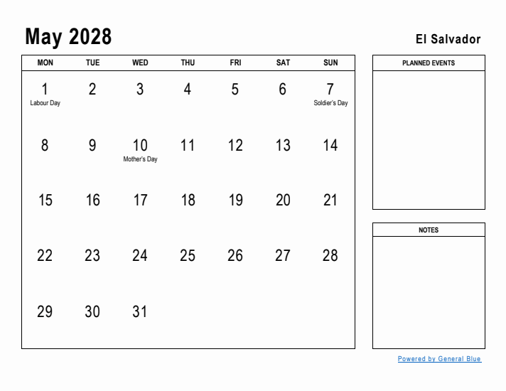 May 2028 Printable Monthly Calendar with El Salvador Holidays