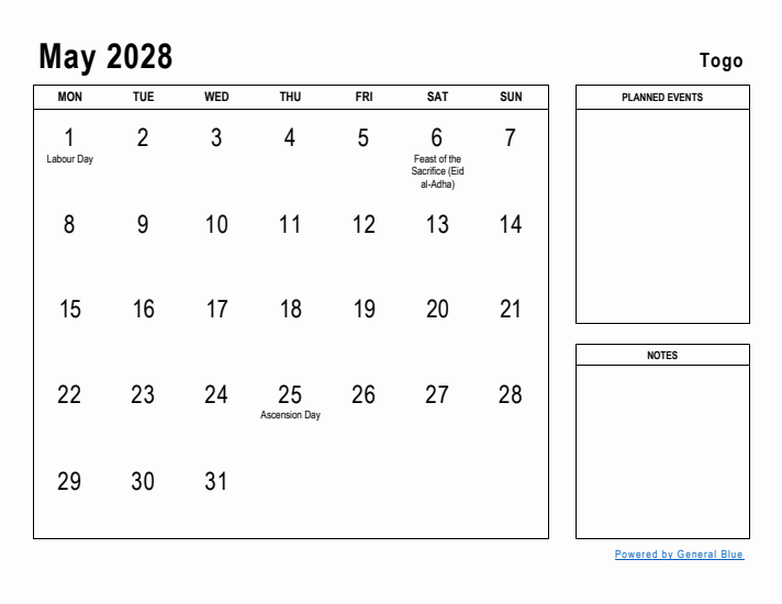 May 2028 Printable Monthly Calendar with Togo Holidays