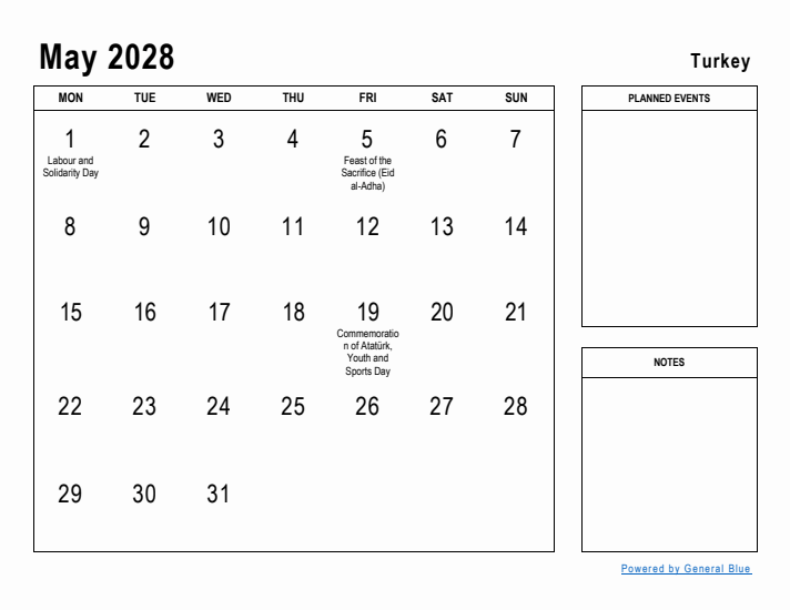 May 2028 Printable Monthly Calendar with Turkey Holidays