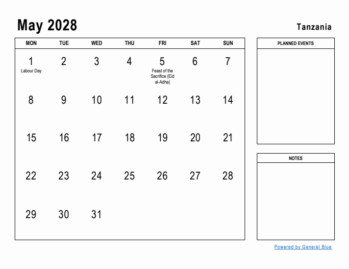 May 2028 Printable Monthly Calendar with Tanzania Holidays