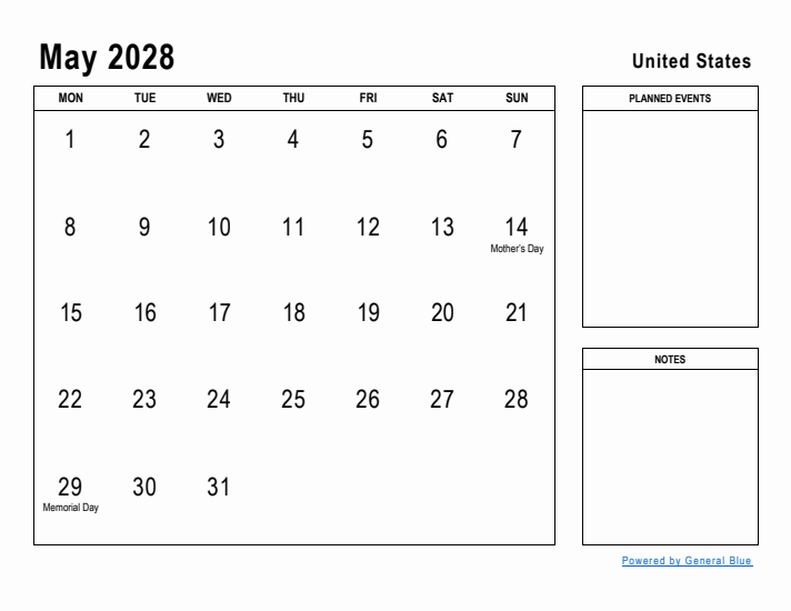 May 2028 Printable Monthly Calendar with United States Holidays