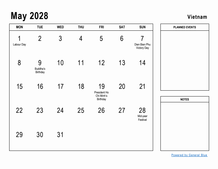 May 2028 Printable Monthly Calendar with Vietnam Holidays