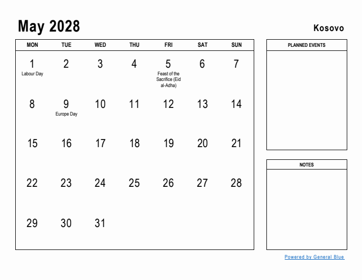 May 2028 Printable Monthly Calendar with Kosovo Holidays