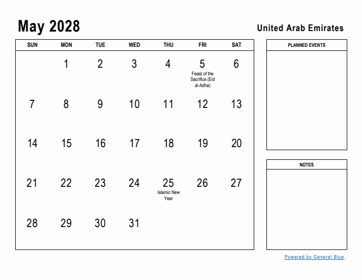 May 2028 Printable Monthly Calendar with United Arab Emirates Holidays