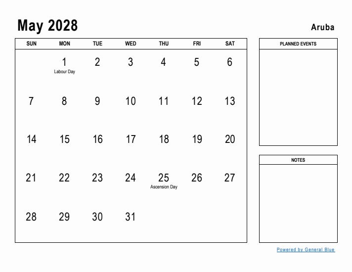 May 2028 Printable Monthly Calendar with Aruba Holidays