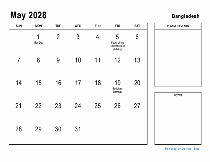 May 2028 Printable Monthly Calendar with Bangladesh Holidays