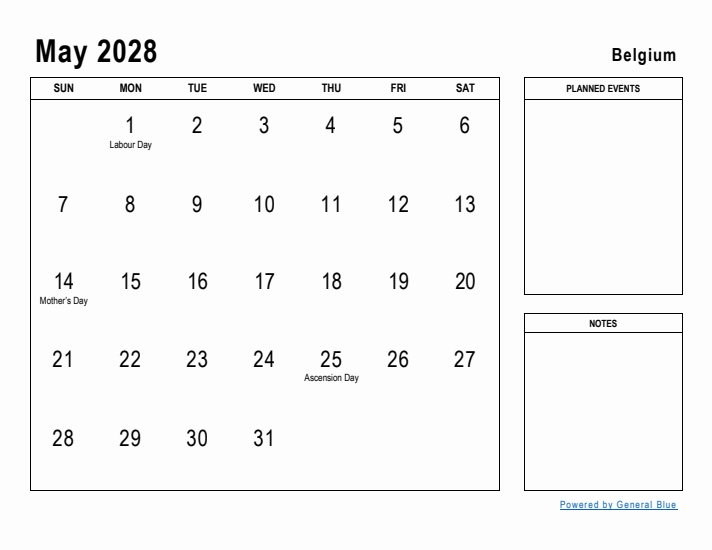 May 2028 Printable Monthly Calendar with Belgium Holidays