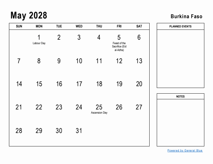 May 2028 Printable Monthly Calendar with Burkina Faso Holidays