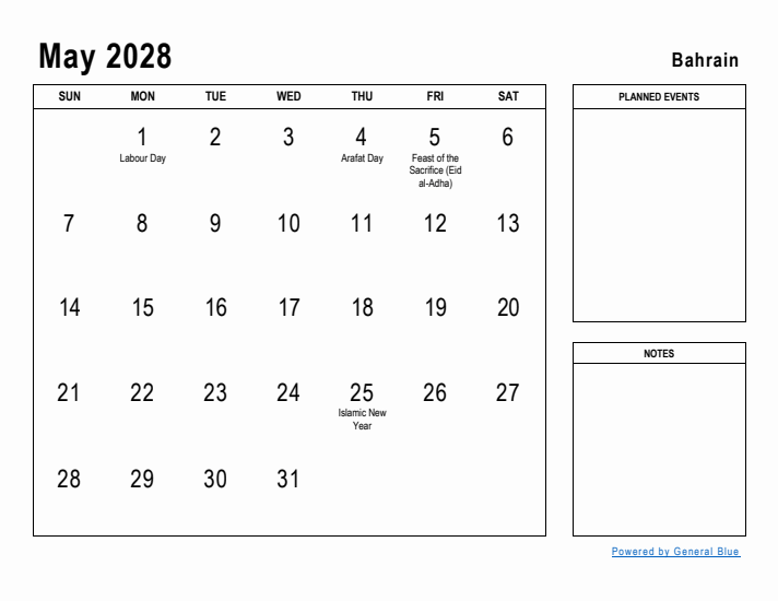 May 2028 Printable Monthly Calendar with Bahrain Holidays