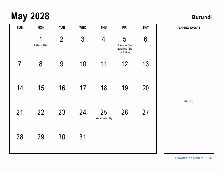 May 2028 Printable Monthly Calendar with Burundi Holidays