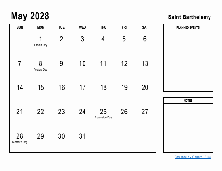 May 2028 Printable Monthly Calendar with Saint Barthelemy Holidays