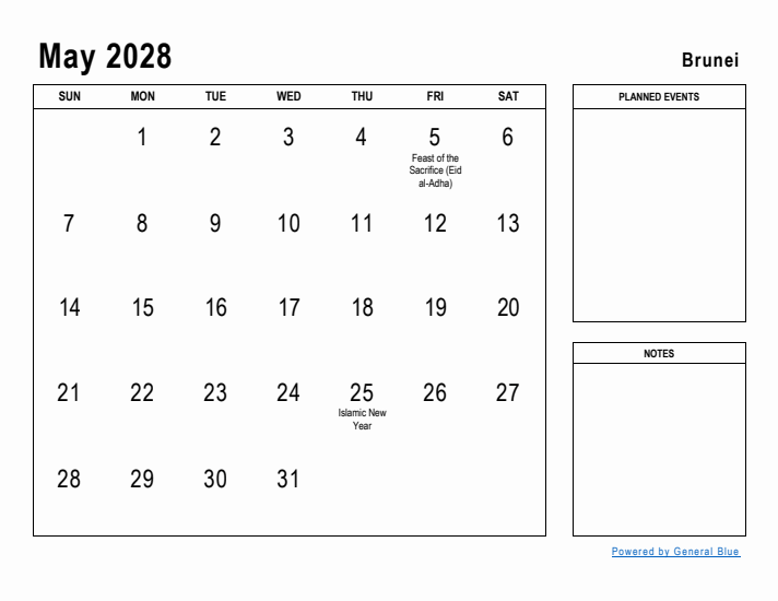 May 2028 Printable Monthly Calendar with Brunei Holidays